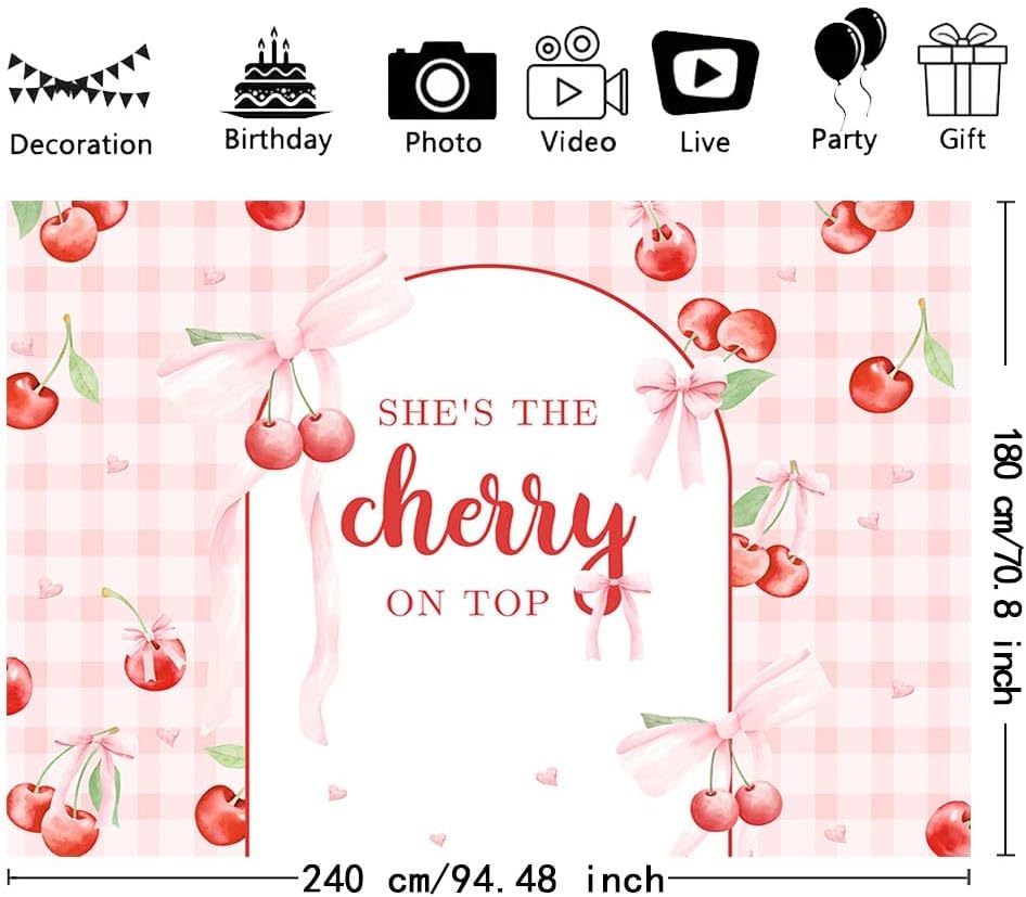 8x6ft She's The Cherry On Top Baby Shower Backdrop For Girl Cherry Theme Coquette Bridal Shower Decorations Bow Party Decor Bride To Be Engagement Party Decor Birthday Photobooth Props
