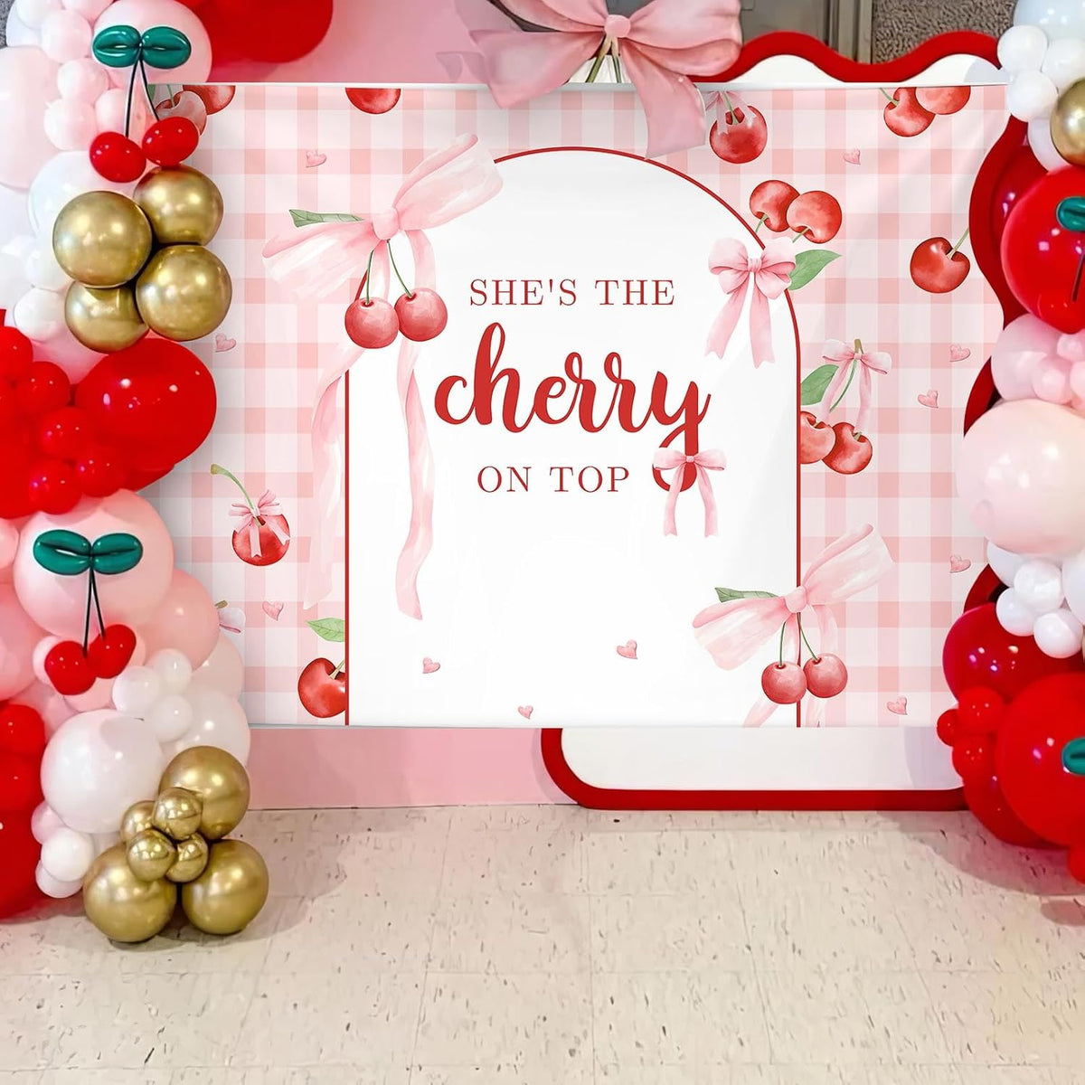 8x6ft She's The Cherry On Top Baby Shower Backdrop For Girl Cherry Theme Coquette Bridal Shower Decorations Bow Party Decor Bride To Be Engagement Party Decor Birthday Photobooth Props