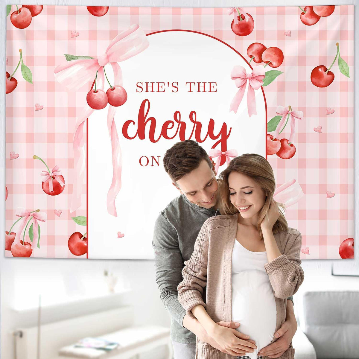 8x6ft She's The Cherry On Top Baby Shower Backdrop For Girl Cherry Theme Coquette Bridal Shower Decorations Bow Party Decor Bride To Be Engagement Party Decor Birthday Photobooth Props