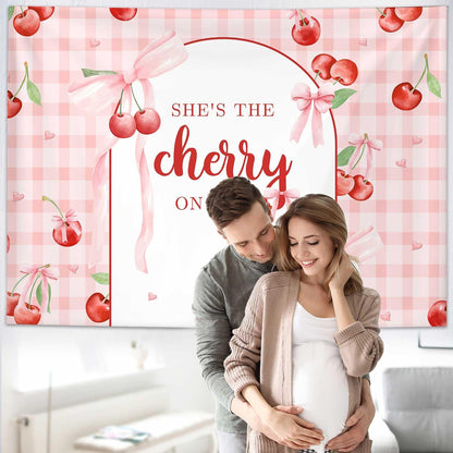 8x6ft She's The Cherry On Top Baby Shower Backdrop For Girl Cherry Theme Coquette Bridal Shower Decorations Bow Party Decor Bride To Be Engagement Party Decor Birthday Photobooth Props