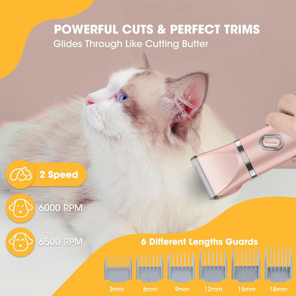 QREEYX Upgrade Dog Grooming Kit, Cordless Dog Paw Trimmer, 4 in 1 Low Noise Pets Hair Clipper Grooming Kit, 2-Speed Nail Grinder with Stainless Steel Blade for Small Pet with Thick Coats (Pink)