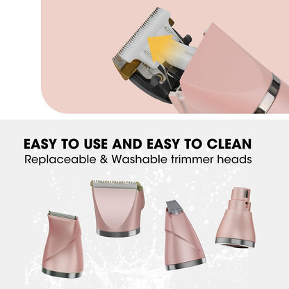 QREEYX Upgrade Dog Grooming Kit, Cordless Dog Paw Trimmer, 4 in 1 Low Noise Pets Hair Clipper Grooming Kit, 2-Speed Nail Grinder with Stainless Steel Blade for Small Pet with Thick Coats (Pink)