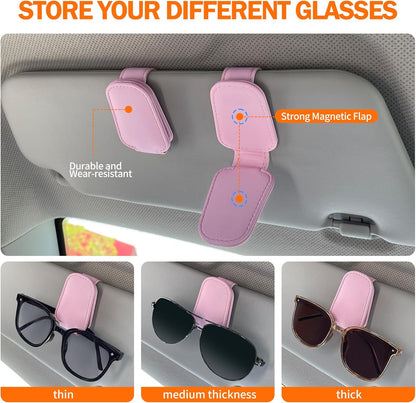 KIWEN Sunglasses Holders for Car Visor, Magnetic Leather Glasses Eyeglass Clip for Car, Ticket Card Clip Sunglasses Mount, Car Visor Accessories Gadgets (1, Pink)