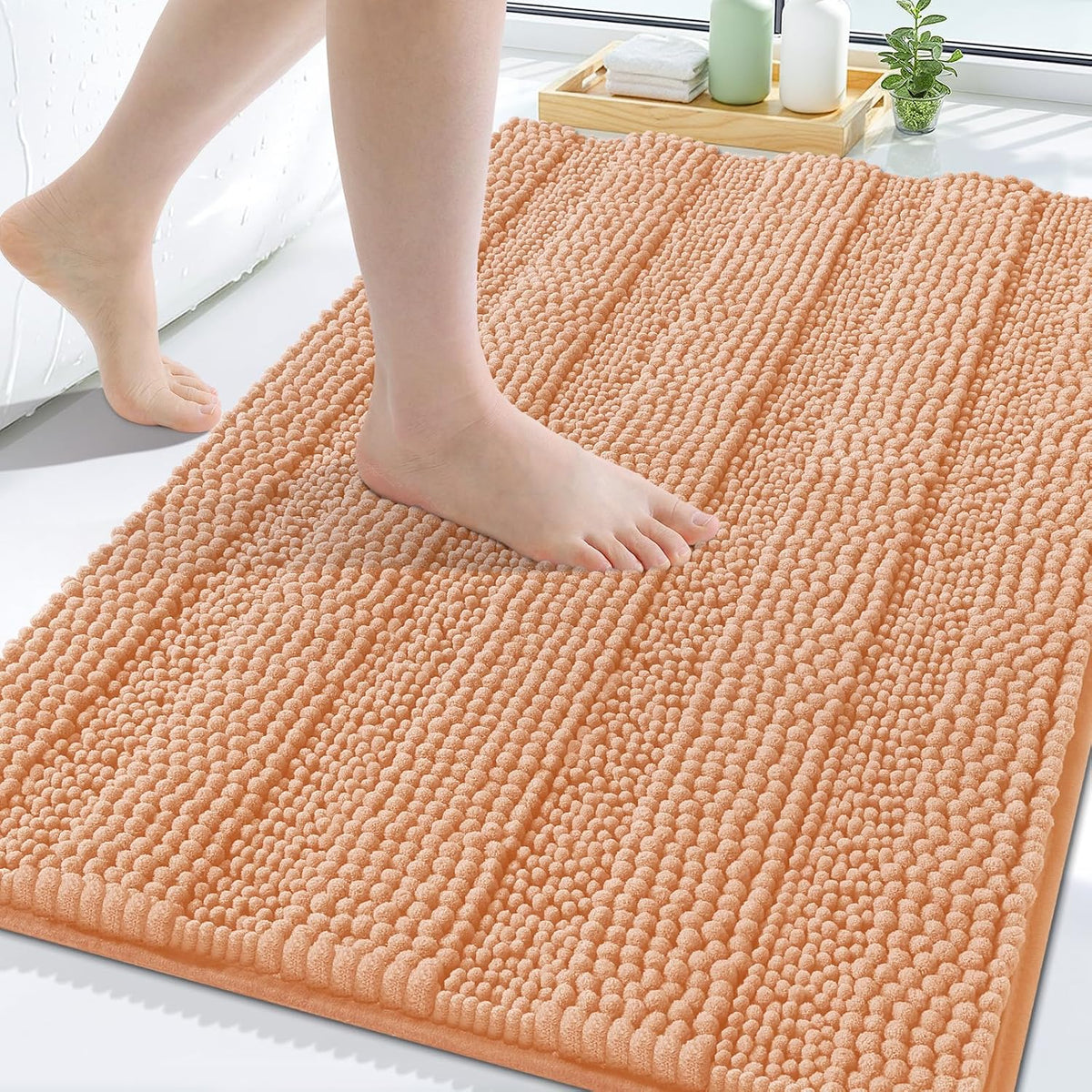 Grandaily Chenille Striped Bathroom Rugs 30x20, Extra Thick and Soft Absorbent Bath Mats, Rubber Backing, Plush Shaggy Shower Carpet, Machine Wash Dry, Bath Rug for Bathroom, Peach