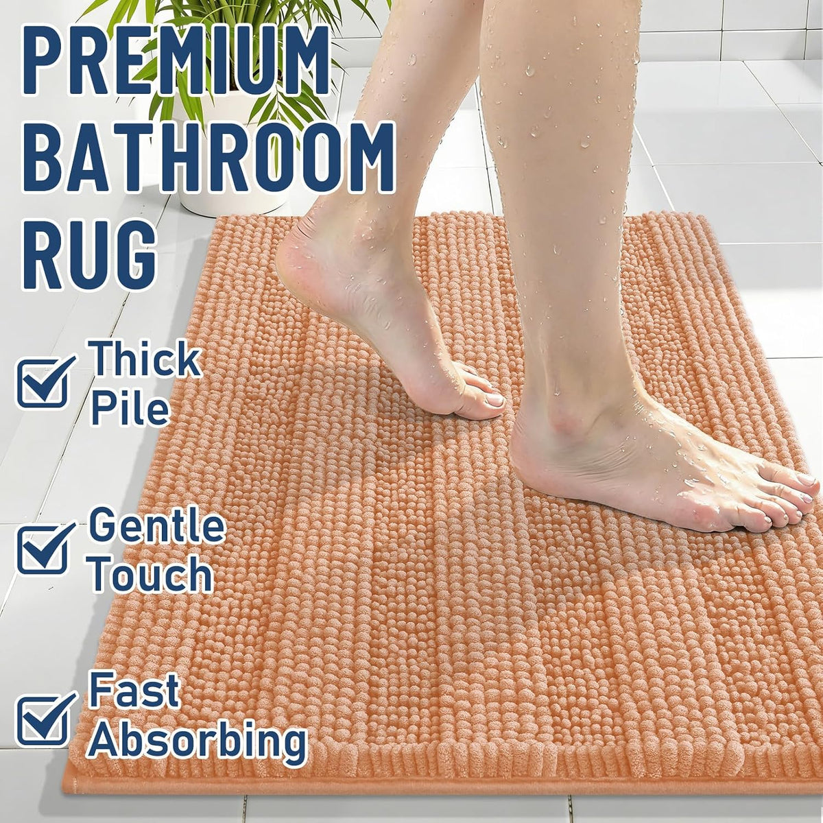 Grandaily Chenille Striped Bathroom Rugs 30x20, Extra Thick and Soft Absorbent Bath Mats, Rubber Backing, Plush Shaggy Shower Carpet, Machine Wash Dry, Bath Rug for Bathroom, Peach