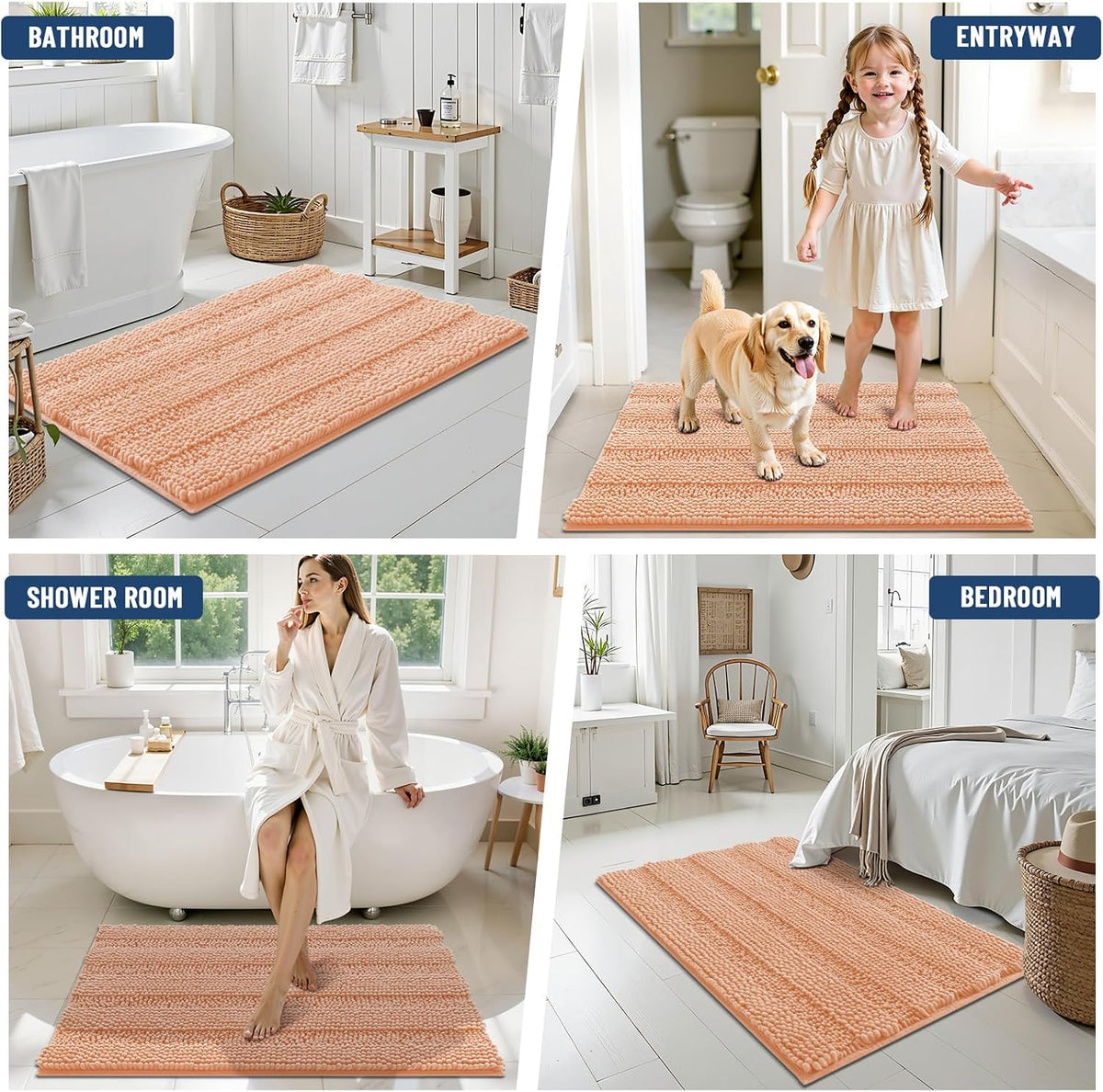 Grandaily Chenille Striped Bathroom Rugs 30x20, Extra Thick and Soft Absorbent Bath Mats, Rubber Backing, Plush Shaggy Shower Carpet, Machine Wash Dry, Bath Rug for Bathroom, Peach