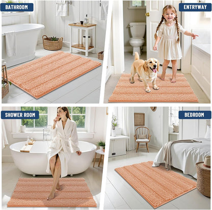 Grandaily Chenille Striped Bathroom Rugs 30x20, Extra Thick and Soft Absorbent Bath Mats, Rubber Backing, Plush Shaggy Shower Carpet, Machine Wash Dry, Bath Rug for Bathroom, Peach