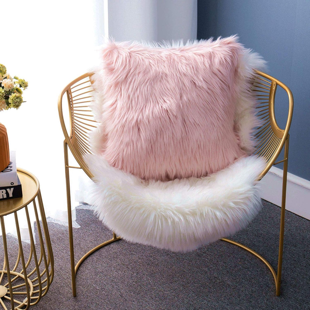 Luxury Series Soft Faux Fur Throw Pillow Cover Decorative Square Plush Pillow Case Cushion Cover for Couch Sofa Bed, 18" x 18" Pink