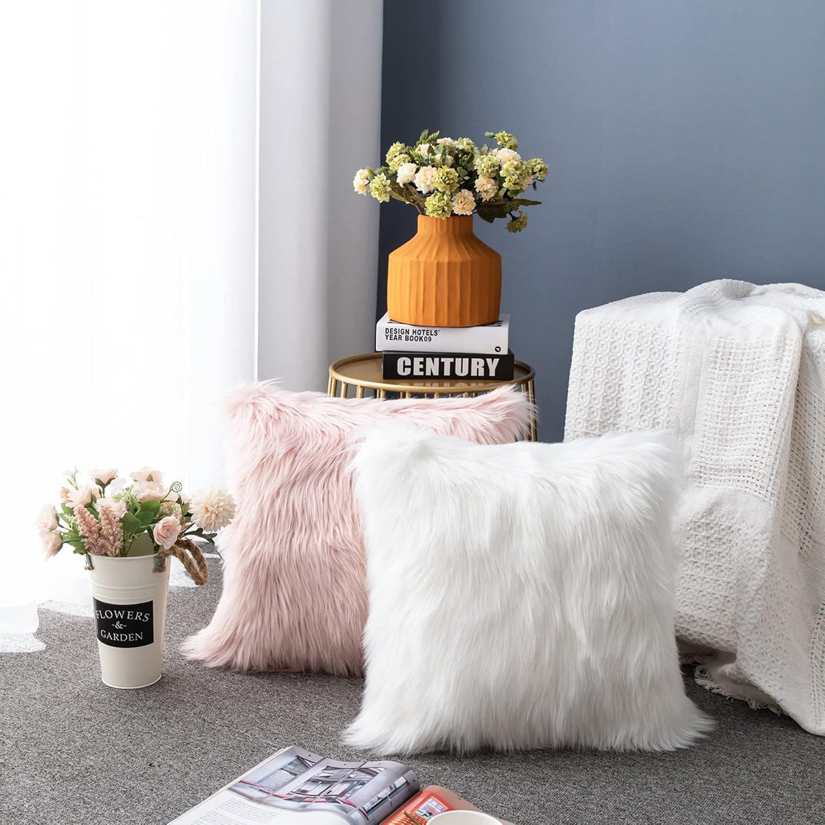 Luxury Series Soft Faux Fur Throw Pillow Cover Decorative Square Plush Pillow Case Cushion Cover for Couch Sofa Bed, 18" x 18" Pink