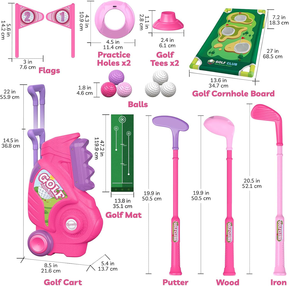 Toddler Golf Clubs Set Toy for Girls Boys 1 2 3 4 Years Old, Pink