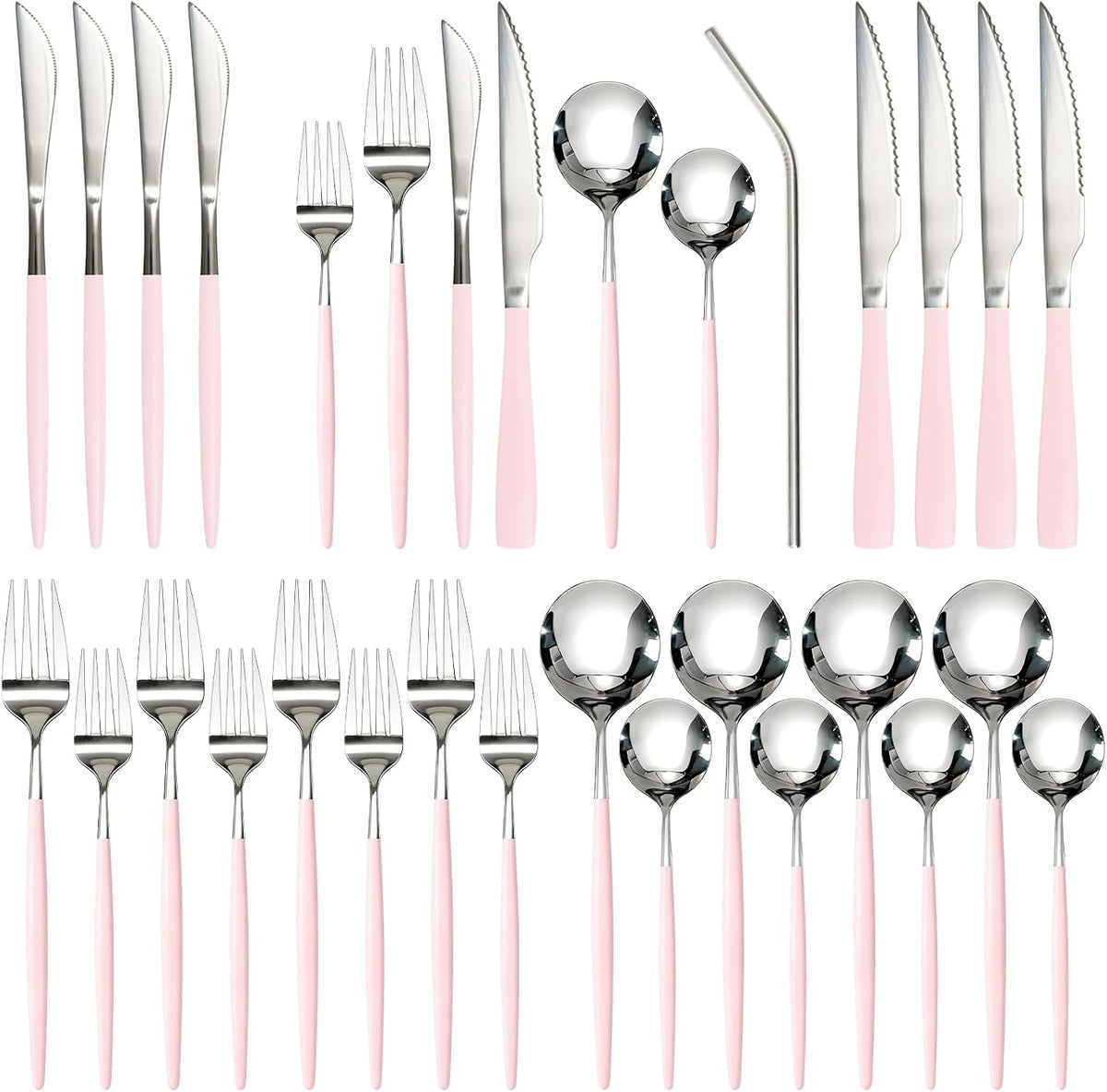 Silverware Set with Steak Knives 24-Piece Flatware Set for 4 Food-Grade Stainless Steel Pink Cutlery Set Mirror Polished Utensils Set Include Spoons and Forks for Home Kitchen Restaurant