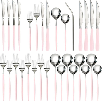 Silverware Set with Steak Knives 24-Piece Flatware Set for 4 Food-Grade Stainless Steel Pink Cutlery Set Mirror Polished Utensils Set Include Spoons and Forks for Home Kitchen Restaurant