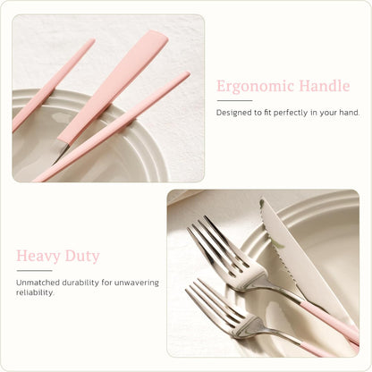 Silverware Set with Steak Knives 24-Piece Flatware Set for 4 Food-Grade Stainless Steel Pink Cutlery Set Mirror Polished Utensils Set Include Spoons and Forks for Home Kitchen Restaurant