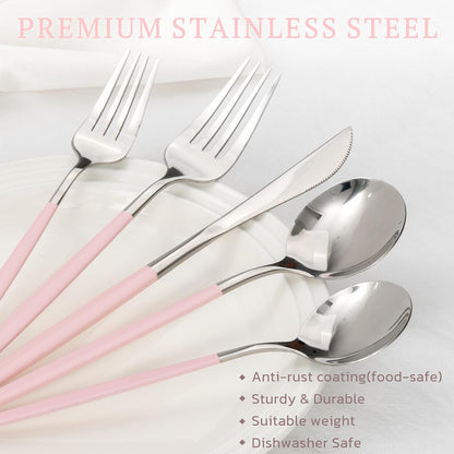 Silverware Set with Steak Knives 24-Piece Flatware Set for 4 Food-Grade Stainless Steel Pink Cutlery Set Mirror Polished Utensils Set Include Spoons and Forks for Home Kitchen Restaurant