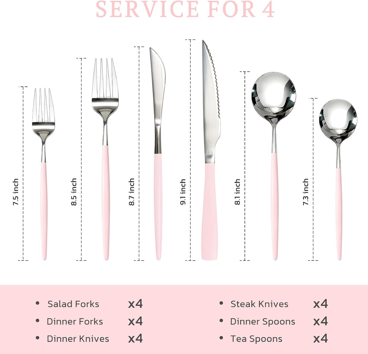 Silverware Set with Steak Knives 24-Piece Flatware Set for 4 Food-Grade Stainless Steel Pink Cutlery Set Mirror Polished Utensils Set Include Spoons and Forks for Home Kitchen Restaurant