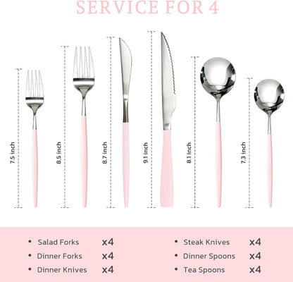 Silverware Set with Steak Knives 24-Piece Flatware Set for 4 Food-Grade Stainless Steel Pink Cutlery Set Mirror Polished Utensils Set Include Spoons and Forks for Home Kitchen Restaurant