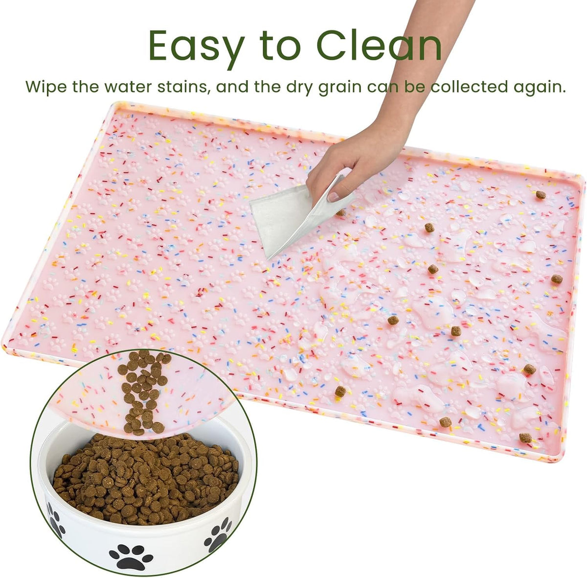 Dog Food Mat Anti-Slip Dog Bowl Mats for Food and Water, Waterproof Pet Placemat Prevents Messy Spill to Floor, Silicone Puppy Feeding Tray for Small, Medium and Large Dogs Cats, Pink