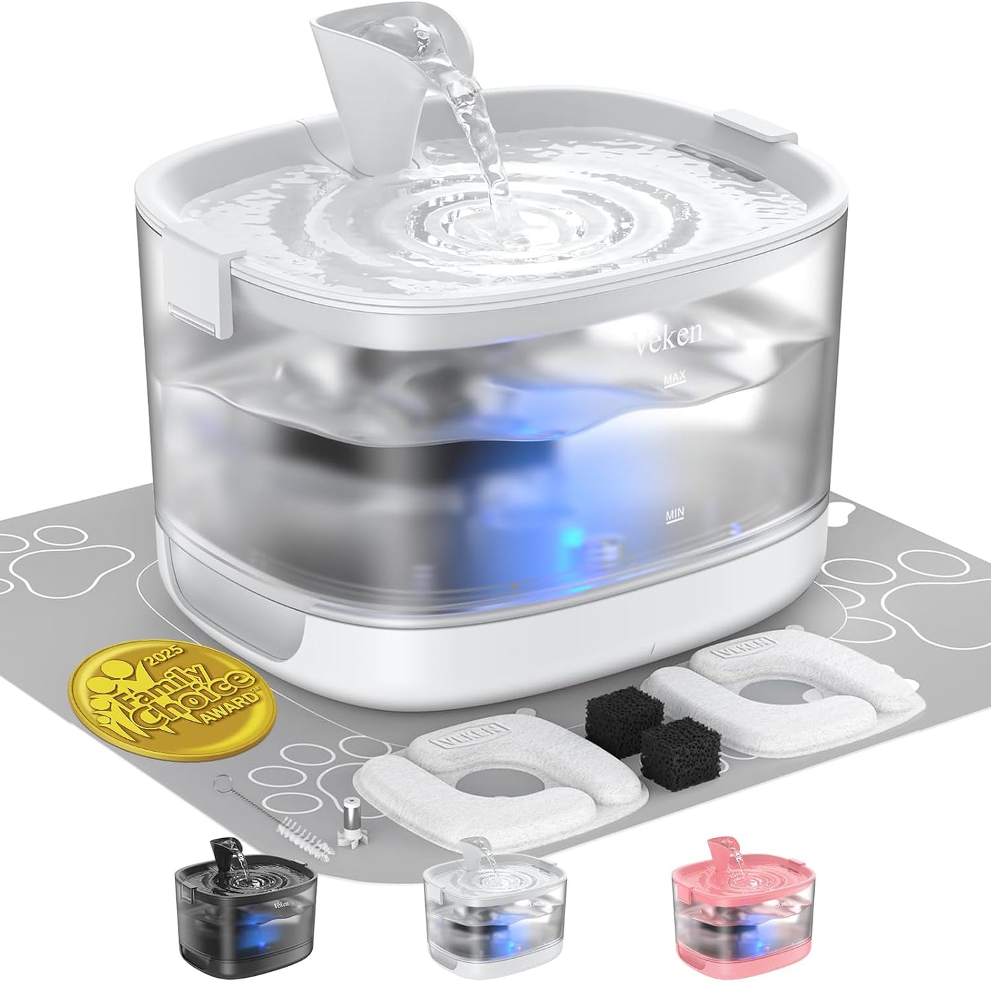 Veken Cat Water Fountain with Detachable Tank & Secure Clips, Easy to Clean & Assemble, 85oz/2.5L Pet Drinking Dispenser with Quiet Operation & LED Light, Cats, Dogs and Small Pets, White