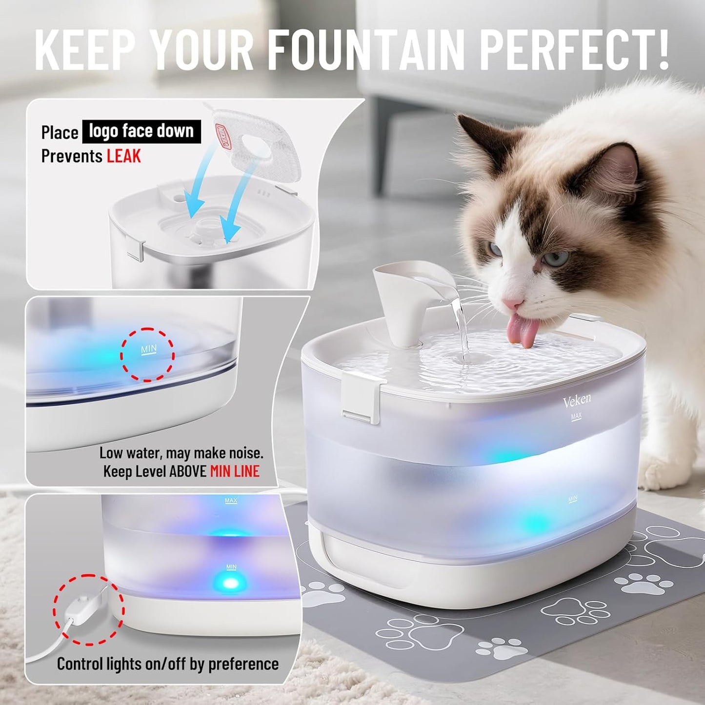 Veken Cat Water Fountain with Detachable Tank & Secure Clips, Easy to Clean & Assemble, 85oz/2.5L Pet Drinking Dispenser with Quiet Operation & LED Light, Cats, Dogs and Small Pets, White