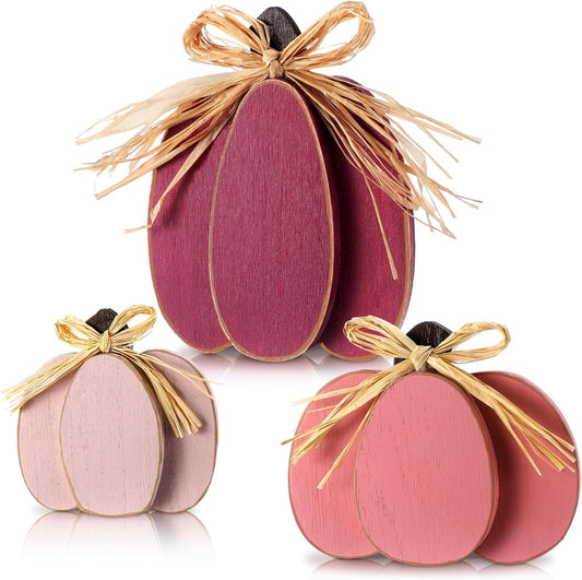 3 Pcs Fall Pumpkin Decor Fall Wooden Signs 3D Pumpkin Tabletop Decor Farmhouse Sign Rustic Tiered Tray Decorations Block Centerpieces Standing Sign for Home Kitchen Harvest(Pink Color)