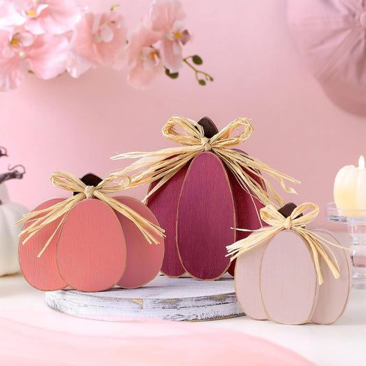 3 Pcs Fall Pumpkin Decor Fall Wooden Signs 3D Pumpkin Tabletop Decor Farmhouse Sign Rustic Tiered Tray Decorations Block Centerpieces Standing Sign for Home Kitchen Harvest(Pink Color)