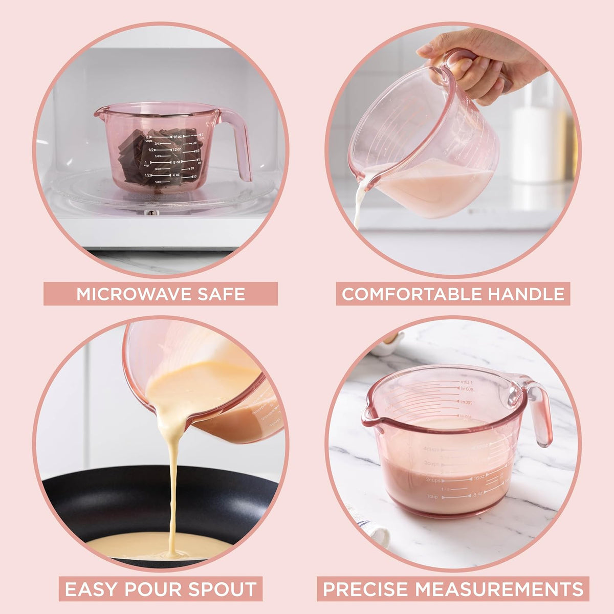 Glass Measuring Cups - Ideal for Cooking and Baking, Pink