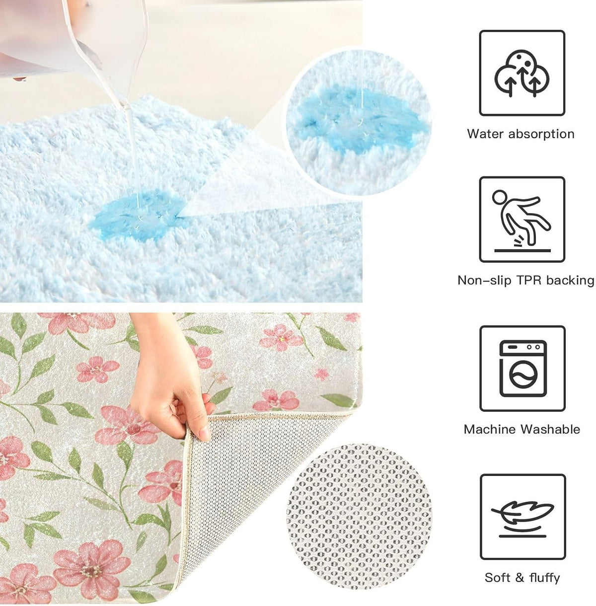 Watercolor Flowers Pink Bathroom Mat Rug 24" x 16" Non Slip Super Absorbent Quick Dry Bath Mats for Bathtub Fluffy Rugs