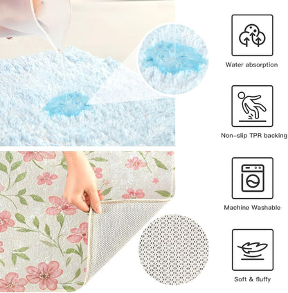 Watercolor Flowers Pink Bathroom Mat Rug 24" x 16" Non Slip Super Absorbent Quick Dry Bath Mats for Bathtub Fluffy Rugs