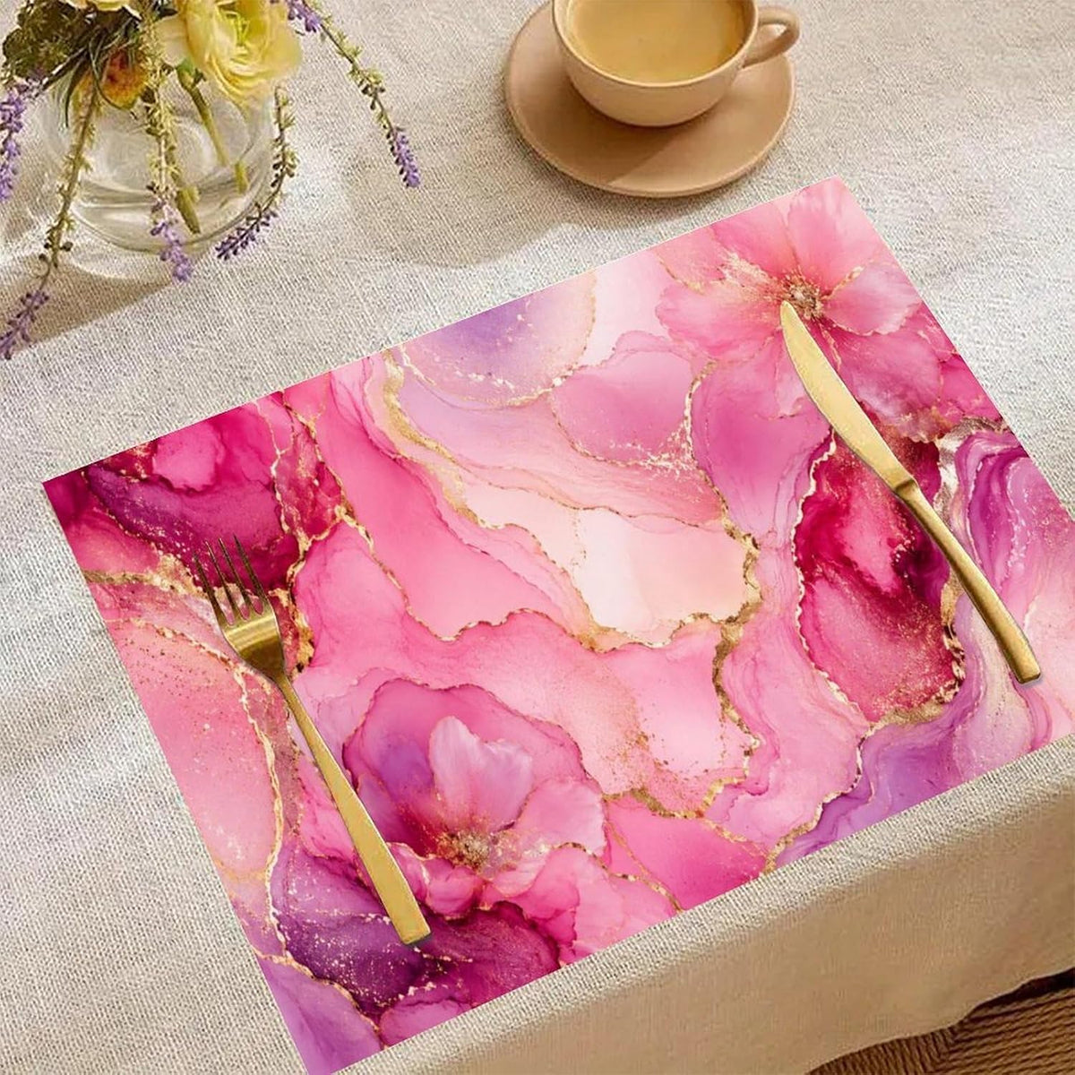 Ethereal Pink and Gold Marbled Dream Linen Placemat Washable Table Mat for Dining Kitchen Heat Resistant 12"x18"