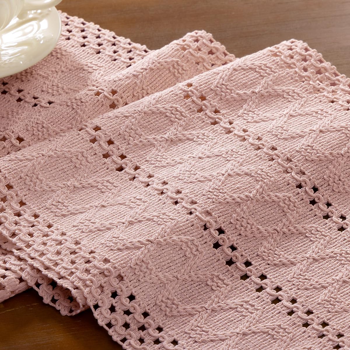 Pink Woven Table Runner Cotton Linen Boho with Tassels 11"×60"