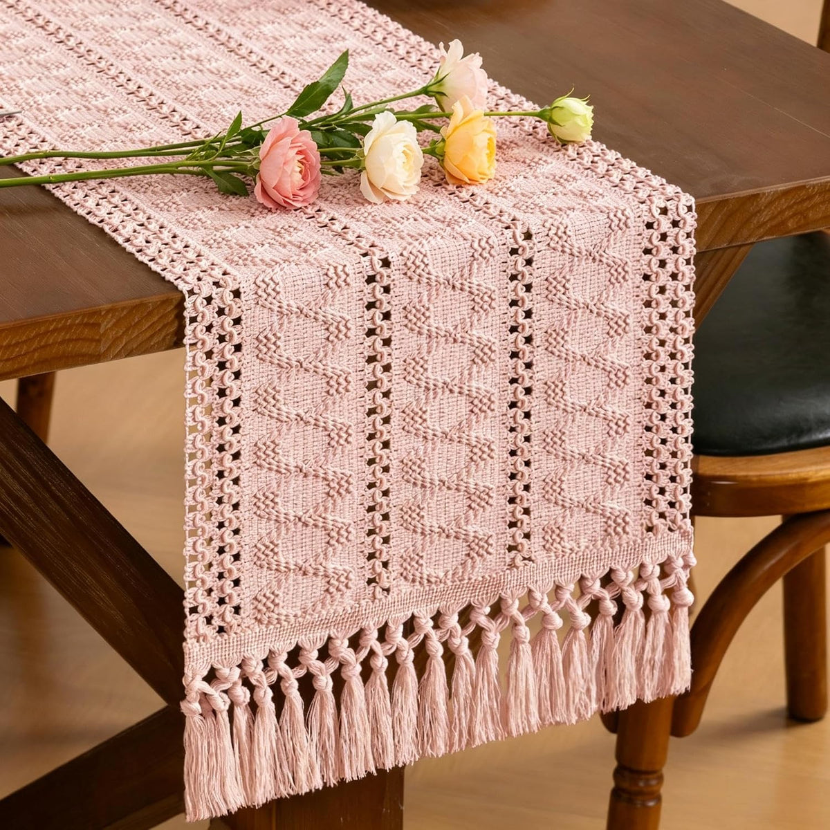 Pink Woven Table Runner Cotton Linen Boho with Tassels 11"×60"