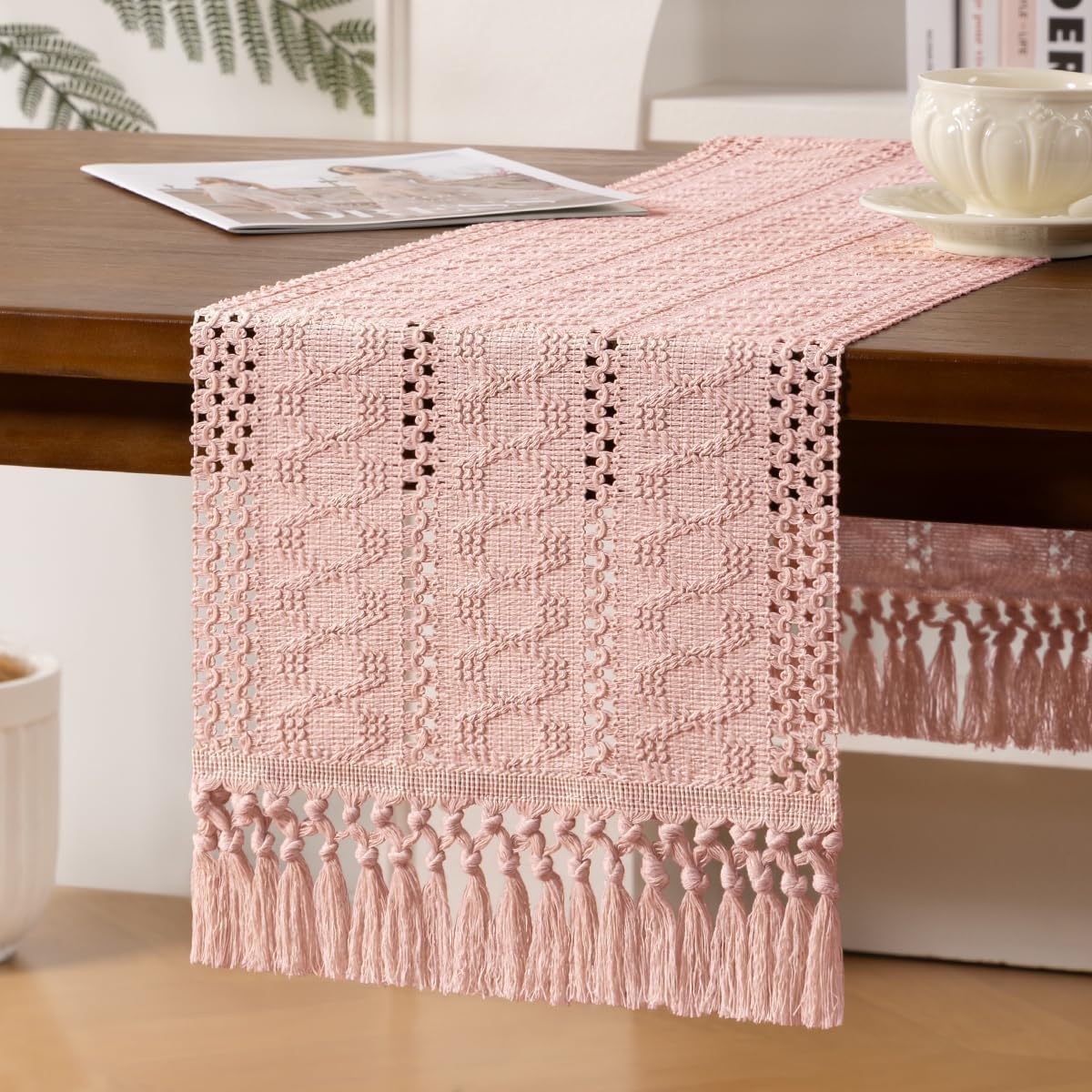 Pink Woven Table Runner Cotton Linen Boho with Tassels 11"×60"