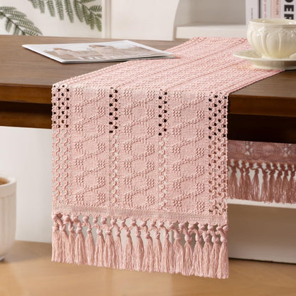 Pink Woven Table Runner Cotton Linen Boho with Tassels 11"×60"