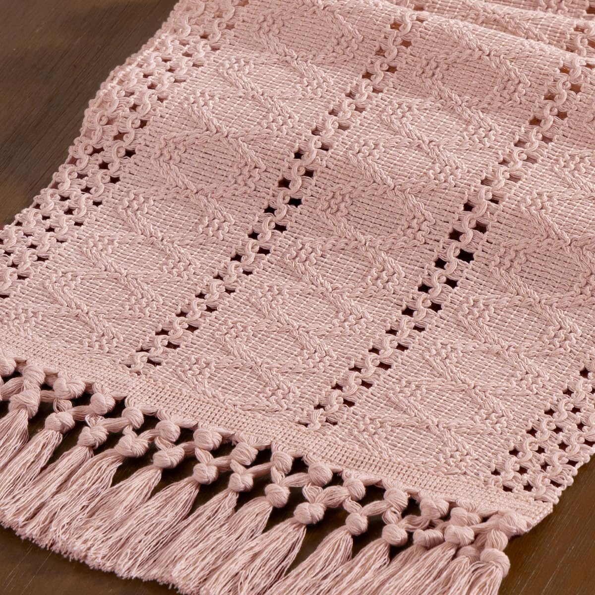 Pink Woven Table Runner Cotton Linen Boho with Tassels 11"×60"