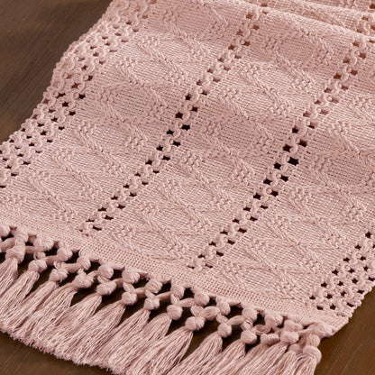 Pink Woven Table Runner Cotton Linen Boho with Tassels 11"×60"