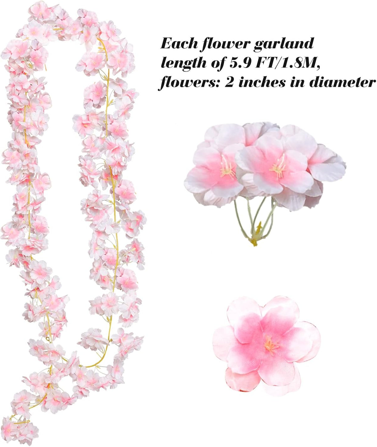 4pcs 23.6 ft Artificial Cherry Blossoms Garland Pink Fake Vines Hanging Silk Cherry Blossom Sakura Vine for Outdoor Wedding Party Home Decor