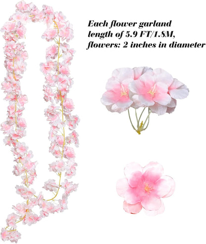 4pcs 23.6 ft Artificial Cherry Blossoms Garland Pink Fake Vines Hanging Silk Cherry Blossom Sakura Vine for Outdoor Wedding Party Home Decor