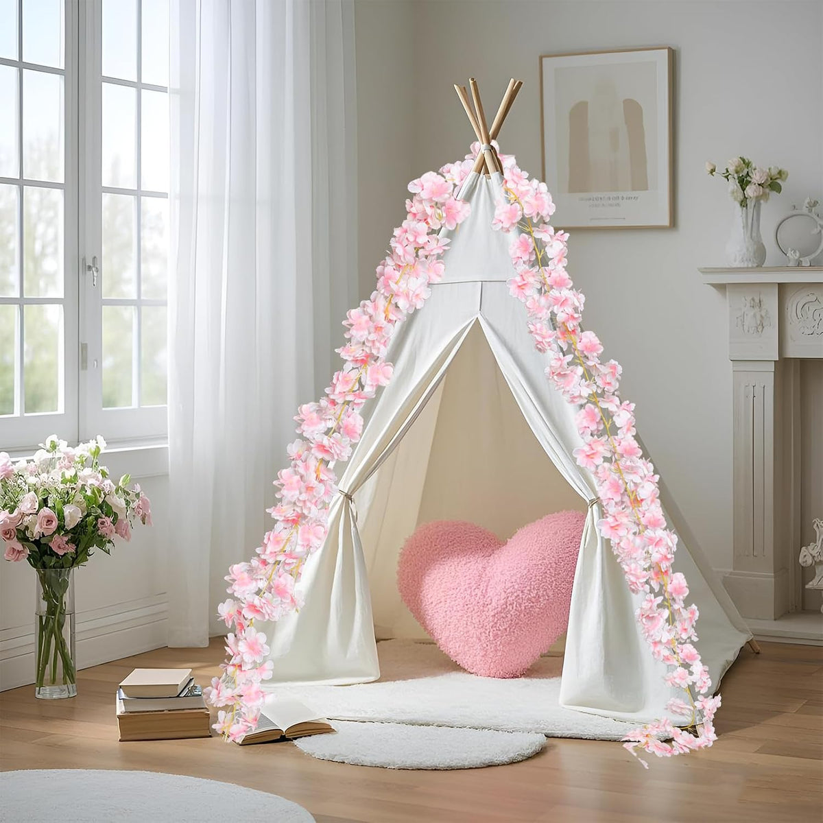 4pcs 23.6 ft Artificial Cherry Blossoms Garland Pink Fake Vines Hanging Silk Cherry Blossom Sakura Vine for Outdoor Wedding Party Home Decor