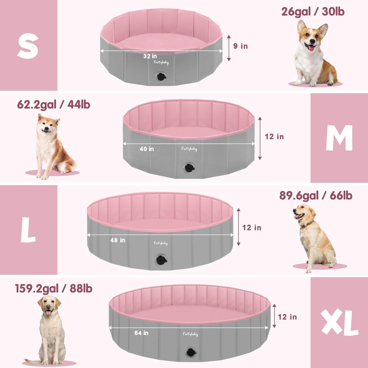 Furrybaby Foldable Dog Pool Non-Slip Hard Bath Tub Indoor Outdoor Pets Kids