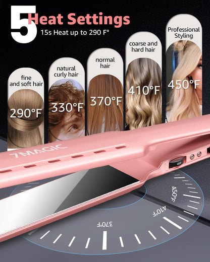7MAGIC Nano Titanium 1.7" Flat Iron Hair Straightener for Thick Hair, Pink