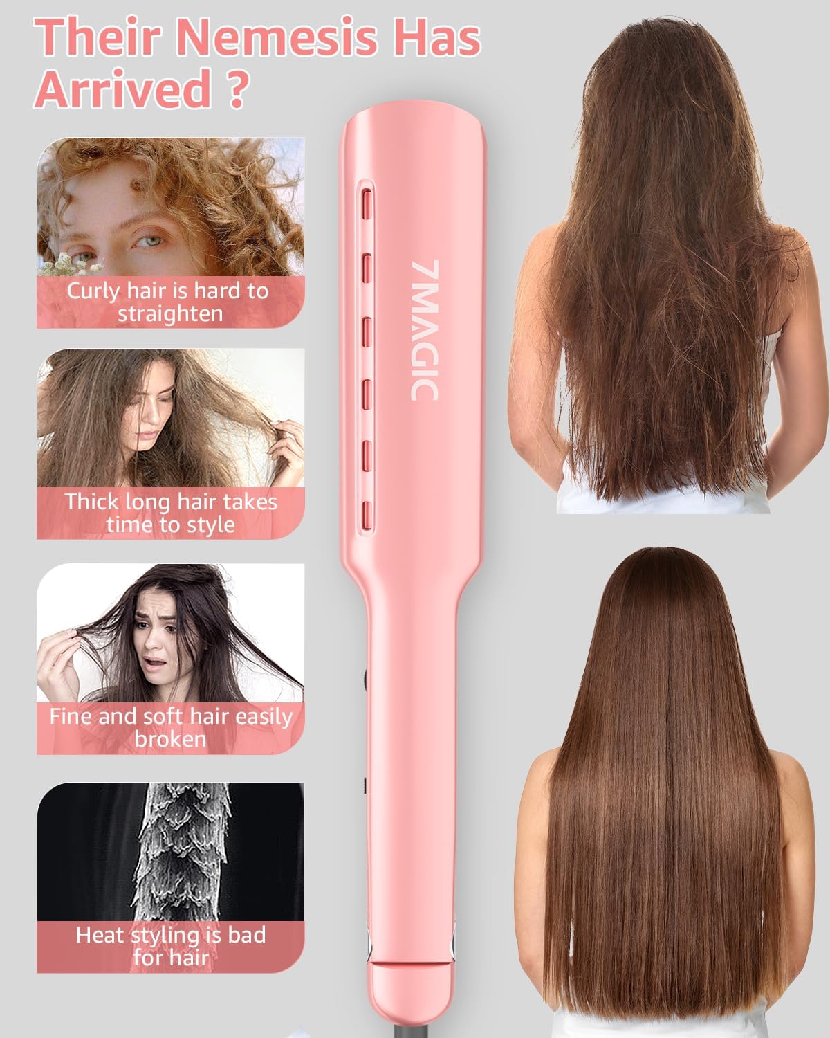 7MAGIC Nano Titanium 1.7" Flat Iron Hair Straightener for Thick Hair, Pink