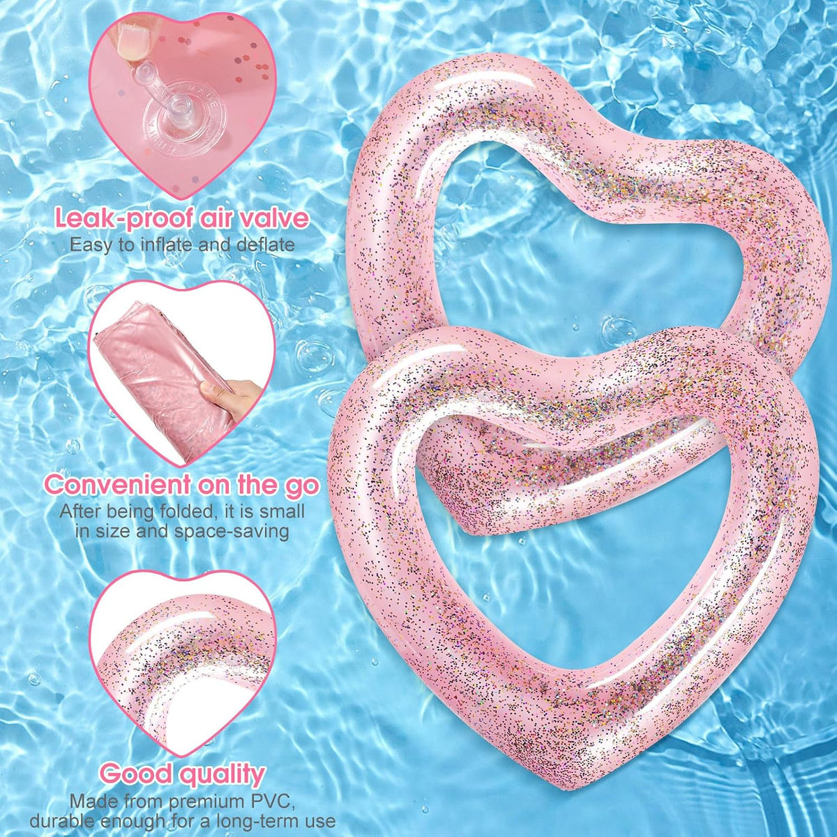2 Pcs Heart Pool Floats Inflatable Swim Rings, 47.3 x 39.4 Inch Bachelorette Floaties Heart Shaped Swimming Loungers Tube for Wedding Bride Summer Beach Party Decorations(Pink)