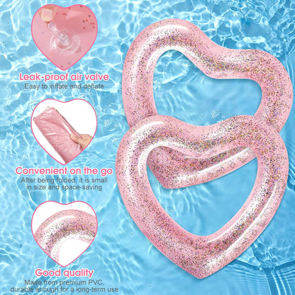 2 Pcs Heart Pool Floats Inflatable Swim Rings, 47.3 x 39.4 Inch Bachelorette Floaties Heart Shaped Swimming Loungers Tube for Wedding Bride Summer Beach Party Decorations(Pink)