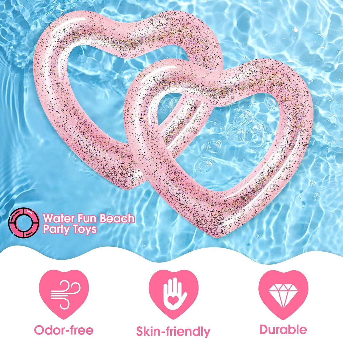 2 Pcs Heart Pool Floats Inflatable Swim Rings, 47.3 x 39.4 Inch Bachelorette Floaties Heart Shaped Swimming Loungers Tube for Wedding Bride Summer Beach Party Decorations(Pink)