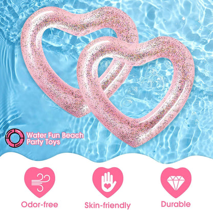 2 Pcs Heart Pool Floats Inflatable Swim Rings, 47.3 x 39.4 Inch Bachelorette Floaties Heart Shaped Swimming Loungers Tube for Wedding Bride Summer Beach Party Decorations(Pink)