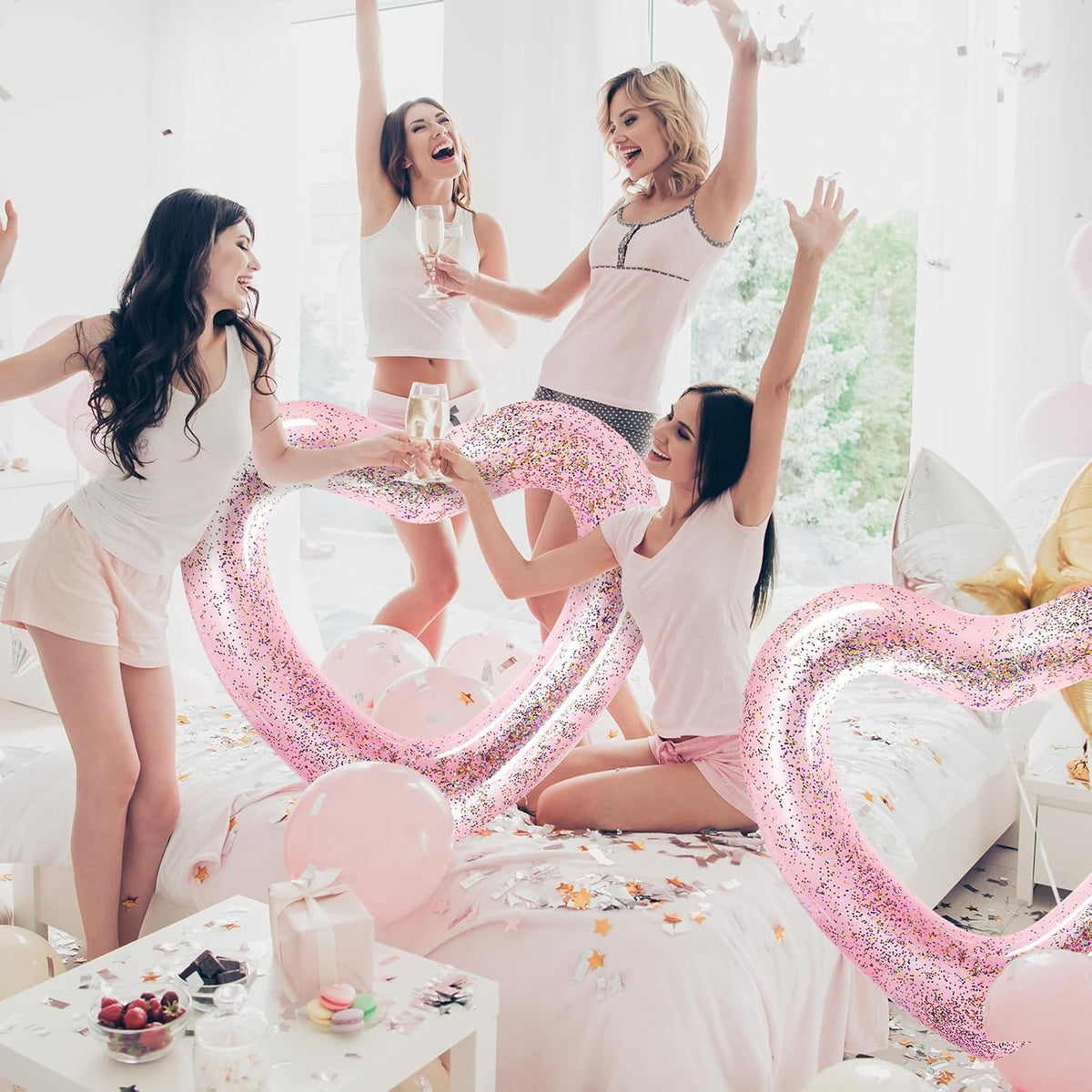 2 Pcs Heart Pool Floats Inflatable Swim Rings, 47.3 x 39.4 Inch Bachelorette Floaties Heart Shaped Swimming Loungers Tube for Wedding Bride Summer Beach Party Decorations(Pink)