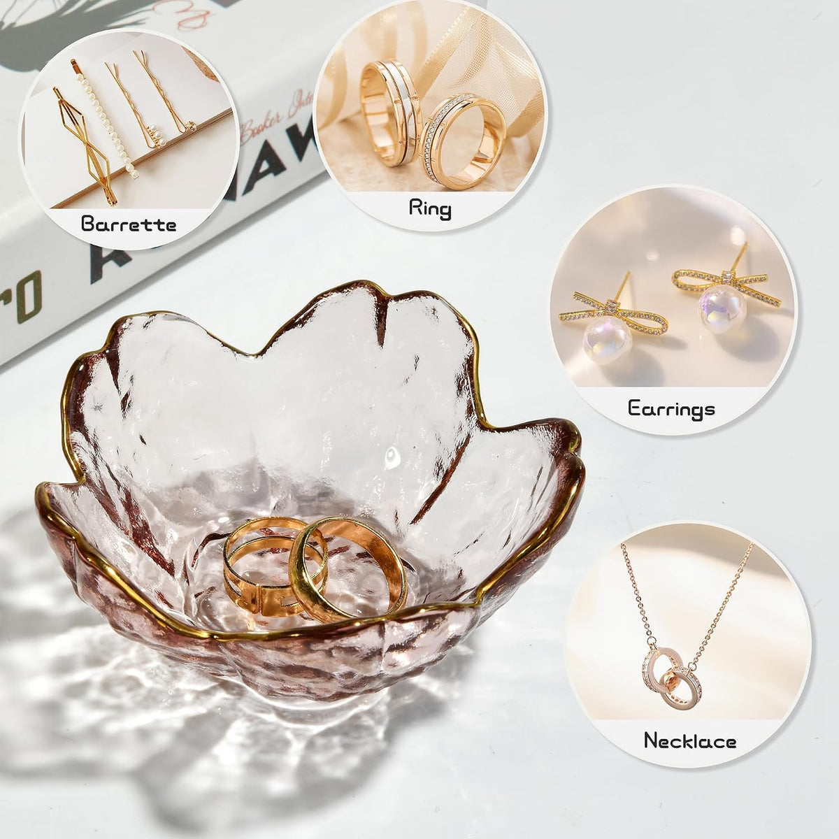 Pink Glass Jewelry Trinket Dish, Cherry Blossom Decor Ring Holder Tray, Small Trinket Bowl Gifts for Women