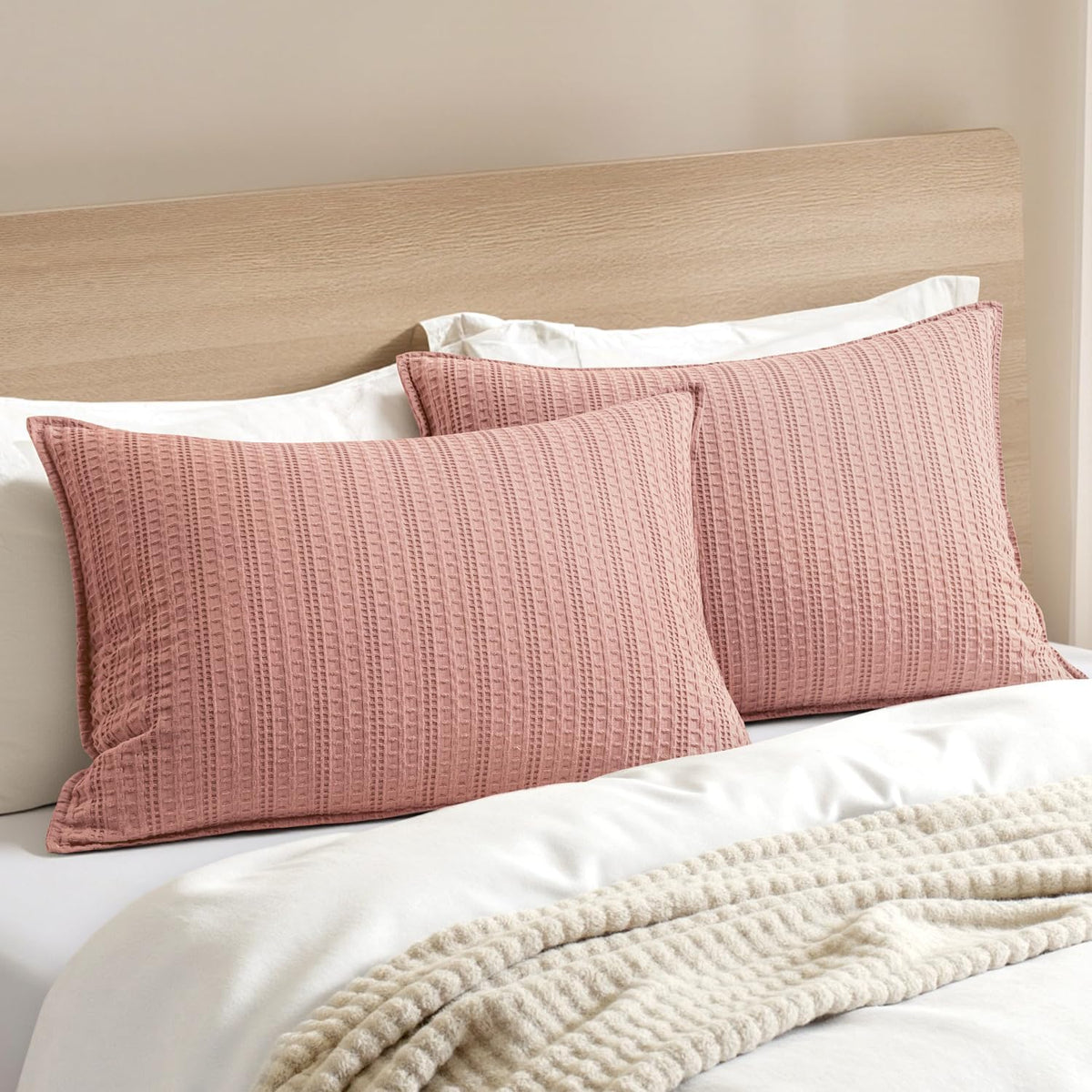 Waffle Pillow Shams Standard Size 20x26 Pink 2 Pack No Insert