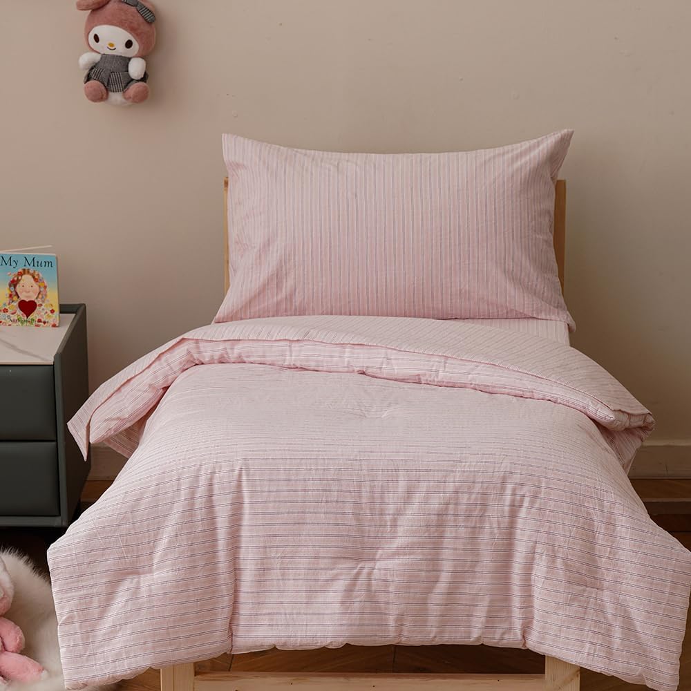 4Pieces Washed Cotton Pink Purple Striped Toddler Bedding Sets Kids Comforter Soft Crib Bed Set Including Comforter, Flat Sheet, Fitted Sheet and Pillowcase, All Season