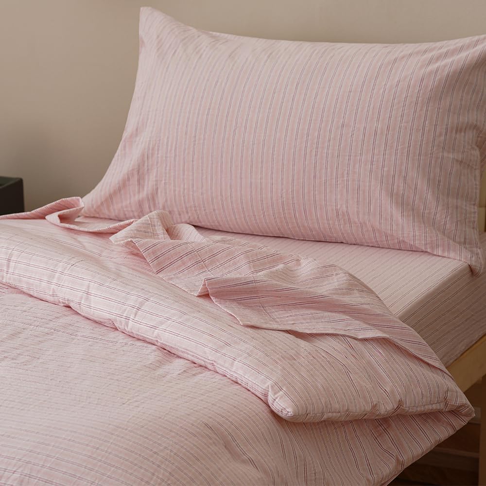 4Pieces Washed Cotton Pink Purple Striped Toddler Bedding Sets Kids Comforter Soft Crib Bed Set Including Comforter, Flat Sheet, Fitted Sheet and Pillowcase, All Season